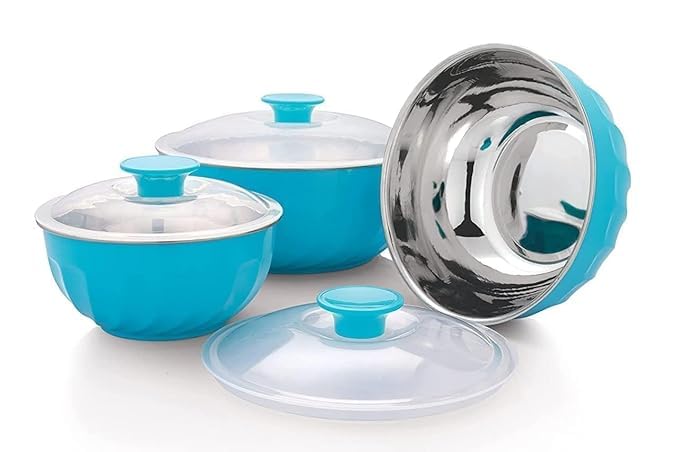 KIDINGTON Stainless Steel Microwave Safe Bowl Set Flourish Bowls Set Kitchen Storage Microwave Utensils Mixing Serving Bowl with Transparent Lids Set of 3 Pc Multicolor - Image 4