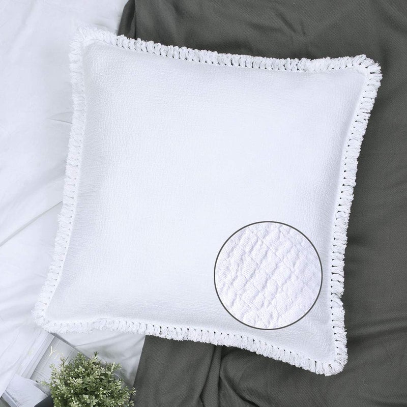 YINFUNG YINFUNG Quilted Euro Sham White Set of 2 Muslin Cotton 2626 European Pillow Cover Tassel Fringe Boho Decorative Textured Gauze Moroccan Soft Suqare for Bed Couch Sofa Bright White 