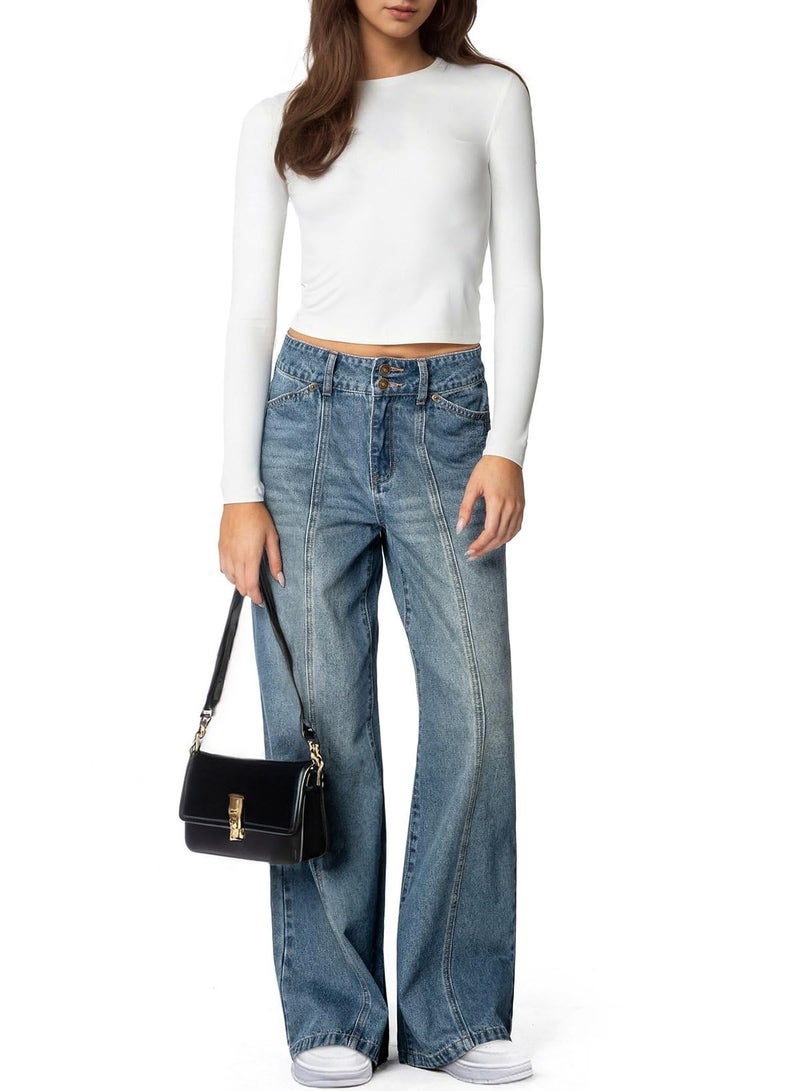 Sidefeel Women's Jeans High Waisted Stretchy Wide Leg Jeans Trendy Seamed Front Straight Leg Loose Denim Pants Vintage Blue Size 10 - Image 3