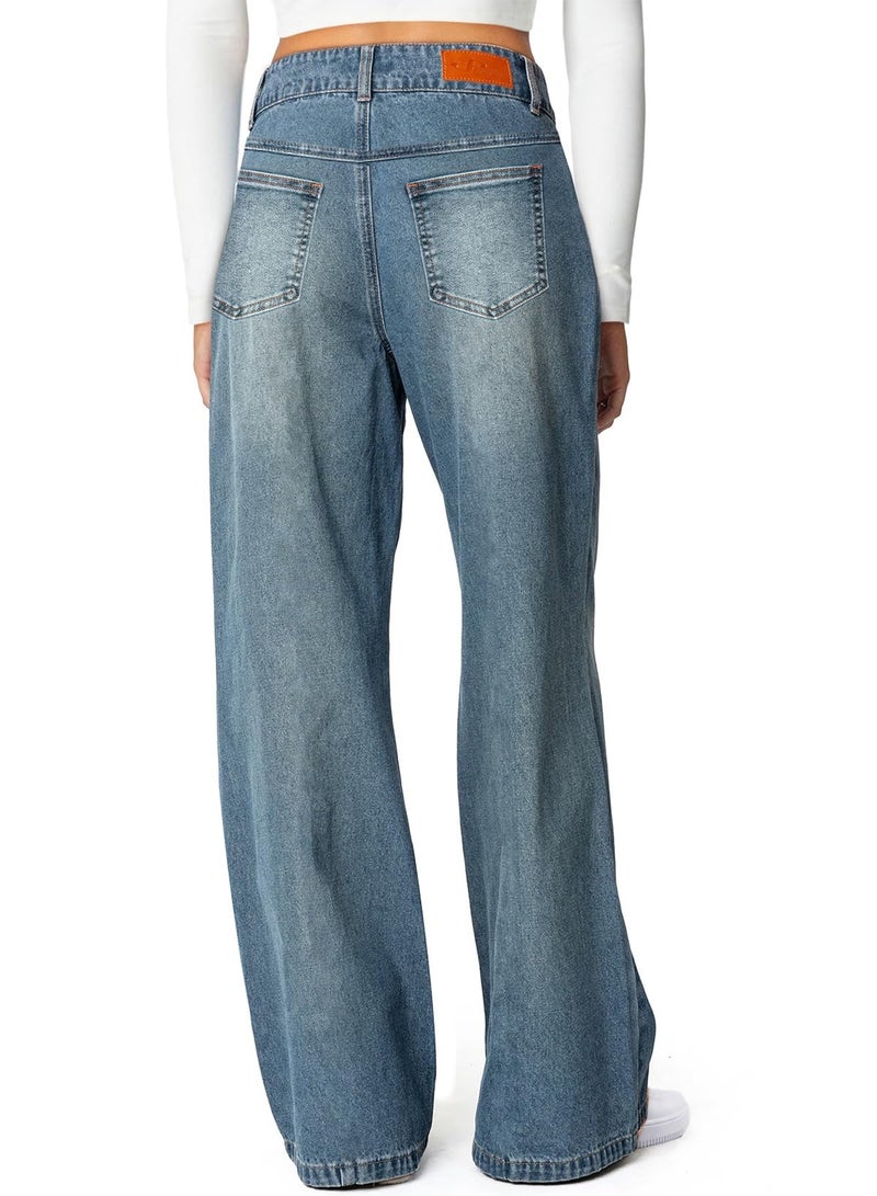 Sidefeel Women's Jeans High Waisted Stretchy Wide Leg Jeans Trendy Seamed Front Straight Leg Loose Denim Pants Vintage Blue Size 10 - Image 2