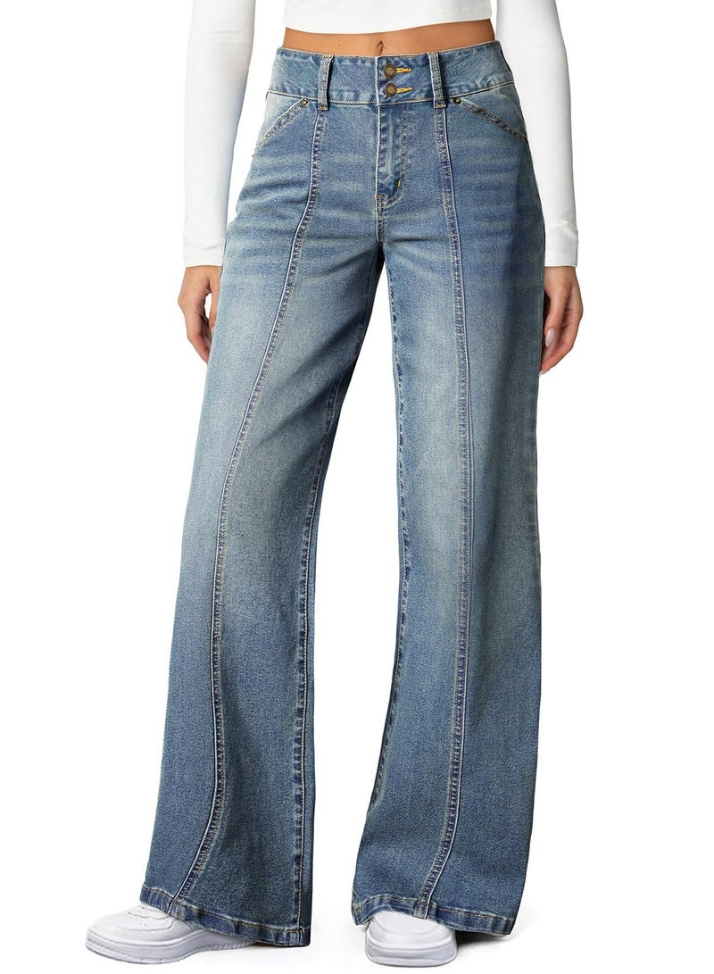 Sidefeel Women's Jeans High Waisted Stretchy Wide Leg Jeans Trendy Seamed Front Straight Leg Loose Denim Pants Vintage Blue Size 10 - Image 1