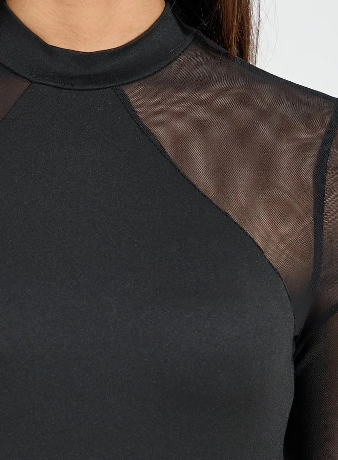 Styli High Neck Knit Bodysuit with Mesh Sleeves