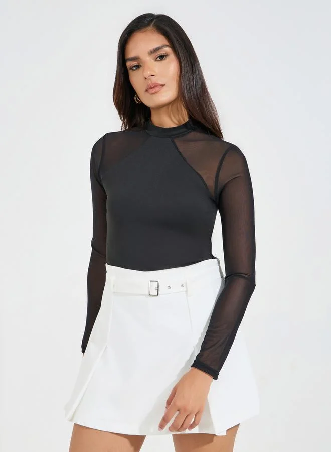 Styli High Neck Knit Bodysuit with Mesh Sleeves