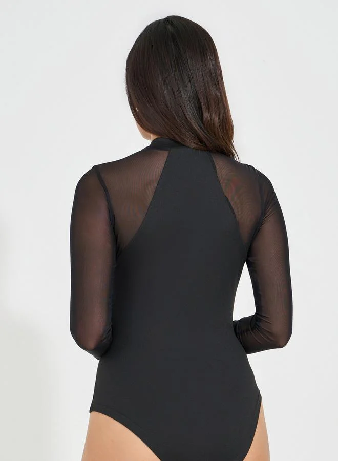 Styli High Neck Knit Bodysuit with Mesh Sleeves