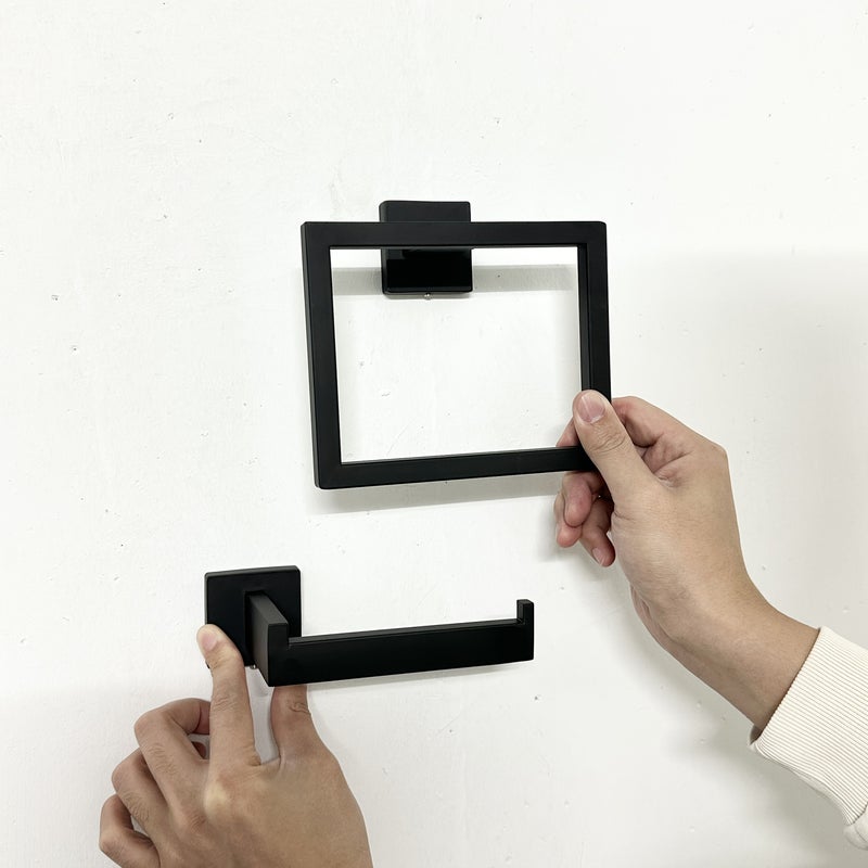 Matte Black Square Towel Ring Two Piece Set Stainless Steel Wall Mounted Bathroom Shelf Toilet Paper Holder Space Saving Durable Storage Fixture Easy Installation No Drilling Suitable For Bathrooms - Image 5