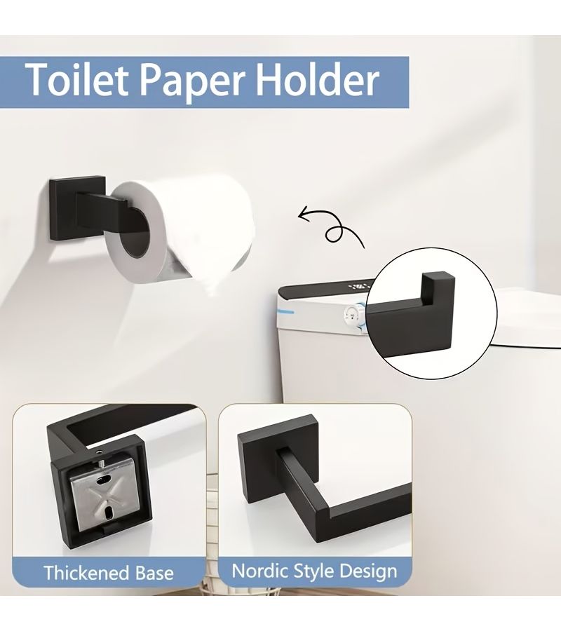 Matte Black Square Towel Ring Two Piece Set Stainless Steel Wall Mounted Bathroom Shelf Toilet Paper Holder Space Saving Durable Storage Fixture Easy Installation No Drilling Suitable For Bathrooms - Image 2