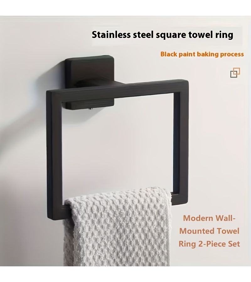 Matte Black Square Towel Ring Two Piece Set Stainless Steel Wall Mounted Bathroom Shelf Toilet Paper Holder Space Saving Durable Storage Fixture Easy Installation No Drilling Suitable For Bathrooms - Image 4