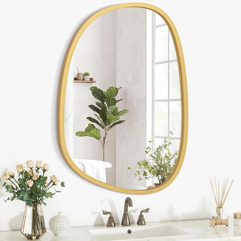 Lzuso Asymmetrical Hanging Mirrors Irregular Wall Mirror White Wooden Framed Oval Mirrors for Wall Decorative Small Vanity Wall Mounted Mirror for Home Living Room Bedroom Hallway Entryway