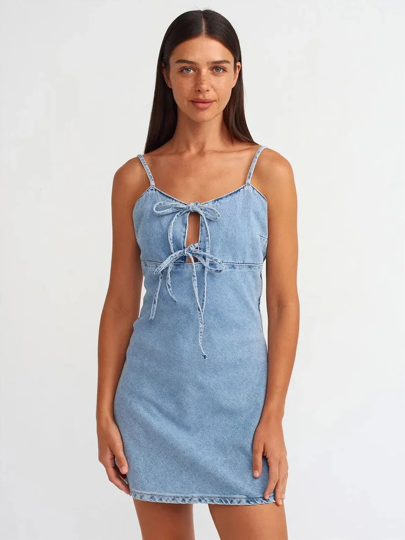 Dilvin Dilvin Cotton Denim Mini A-line Dress With Cut-out