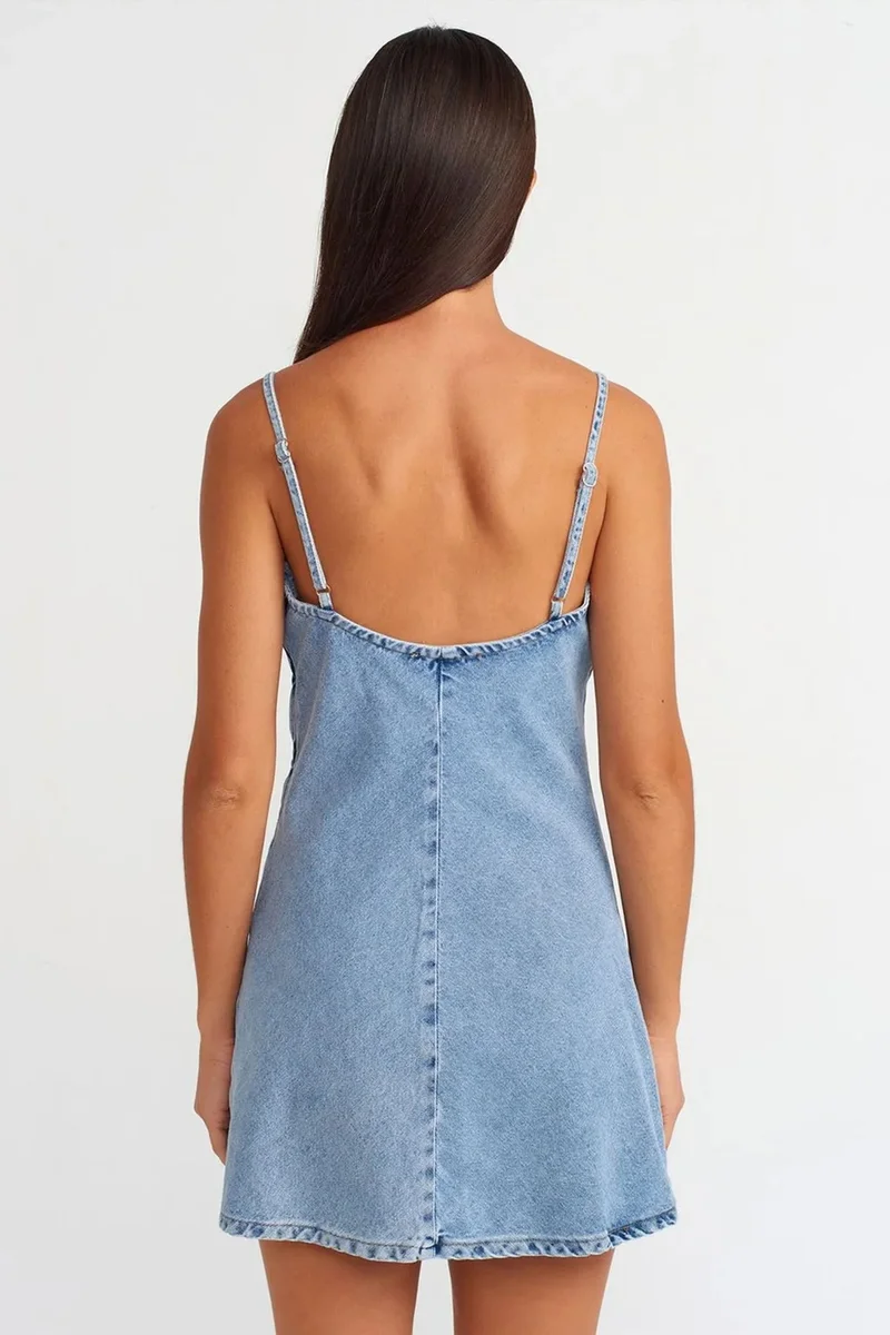Dilvin Light Blue Denim DILVIN Cotton Denim Mini A-line Dress With Cut-out for Women | Best Price UAE