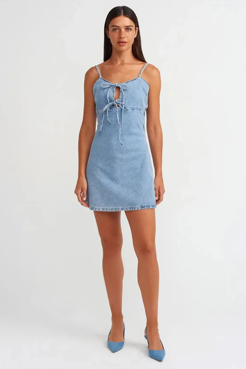 Dilvin Light Blue Denim DILVIN Cotton Denim Mini A-line Dress With Cut-out for Women | Best Price UAE