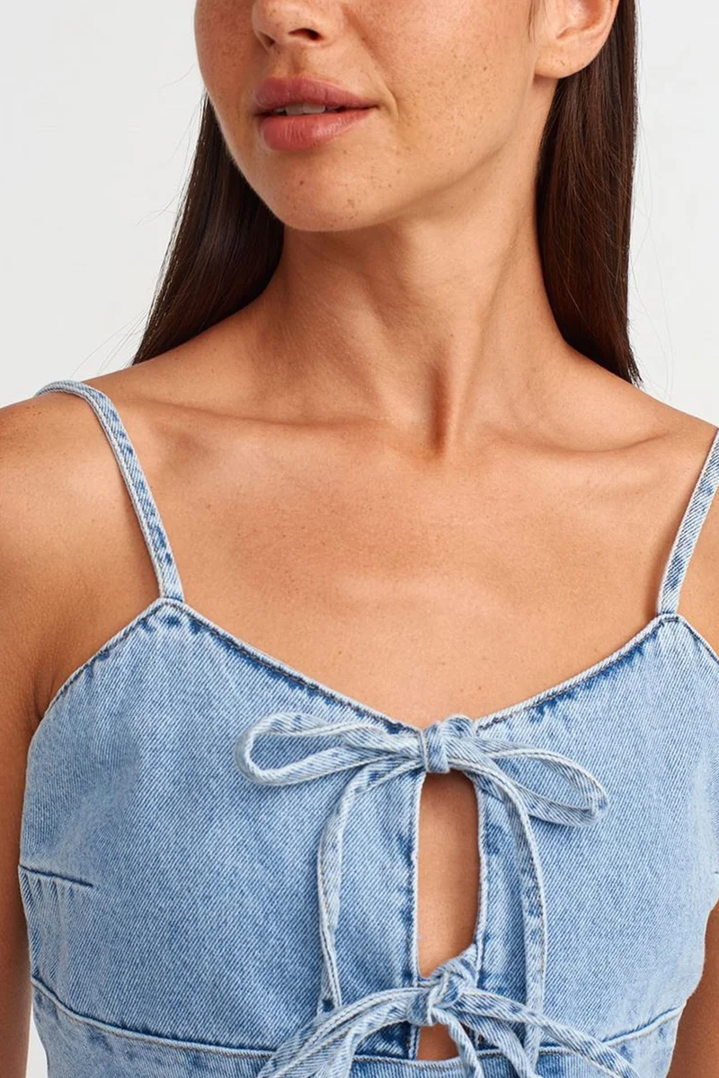 Dilvin Light Blue Denim DILVIN Cotton Denim Mini A-line Dress With Cut-out for Women | Best Price UAE