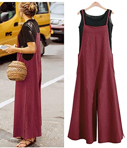YESNO Women Casual Loose Long Bib Pants Wide Leg Jumpsuits Baggy Cotton Rompers Overalls with Pockets (M PZZTYP2 Wine) - Image 3