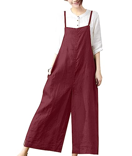 YESNO Women Casual Loose Long Bib Pants Wide Leg Jumpsuits Baggy Cotton Rompers Overalls with Pockets (M PZZTYP2 Wine) - Image 1