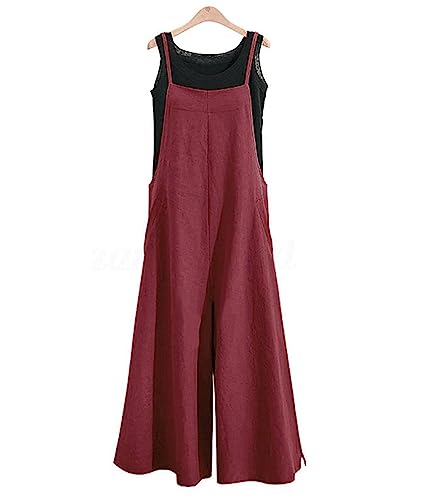 YESNO Women Casual Loose Long Bib Pants Wide Leg Jumpsuits Baggy Cotton Rompers Overalls with Pockets (M PZZTYP2 Wine) - Image 2