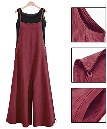 YESNO Women Casual Loose Long Bib Pants Wide Leg Jumpsuits Baggy Cotton Rompers Overalls with Pockets (M PZZTYP2 Wine) - Image 4