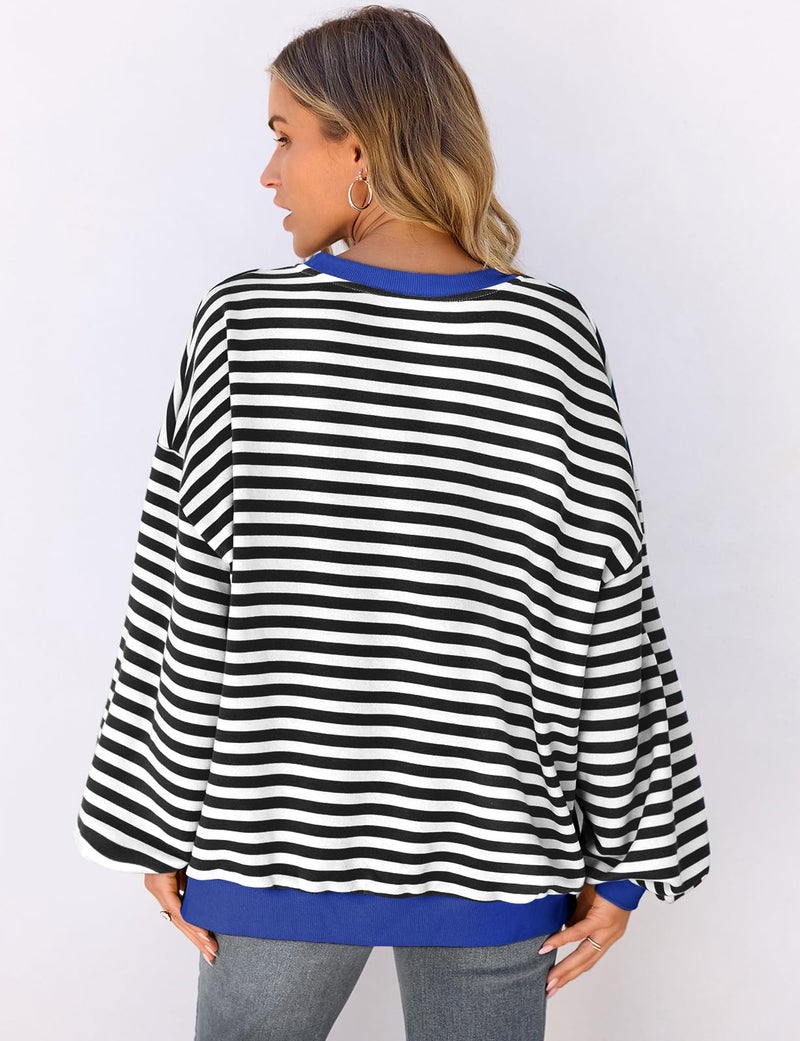UEU Striped Sweatshirts for Womens Long Sleeve Crew Neck Oversized Shirt Black Striped X-Large - Image 5