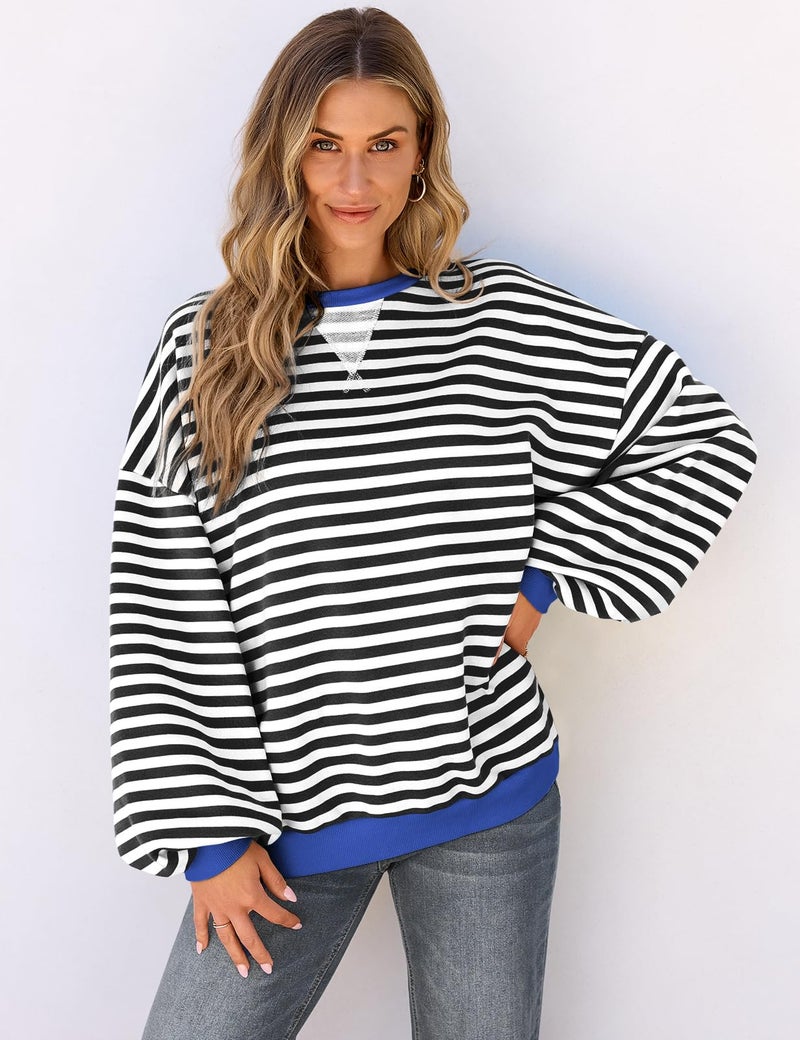 UEU Striped Sweatshirts for Womens Long Sleeve Crew Neck Oversized Shirt Black Striped X-Large - Image 2