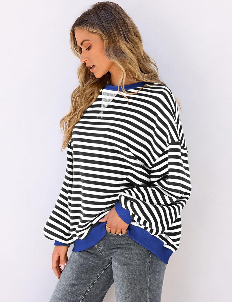 UEU Striped Sweatshirts for Womens Long Sleeve Crew Neck Oversized Shirt Black Striped X-Large - Image 4