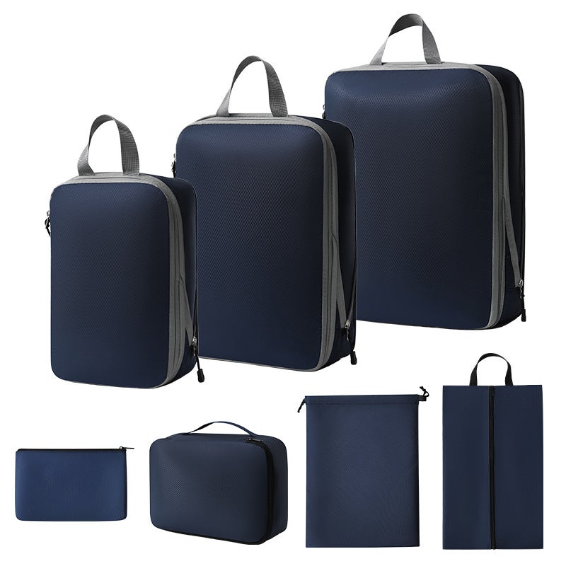 7-Piece Travel Organizer Compression SetThree-piece set + shoe bag + bra bag + flat pocket + drawstring pocket (navy blue seven-piece set) Three-piece set + shoe bag + bra bag + flat pocket + drawstring pocket (navy blue seven-piece set)