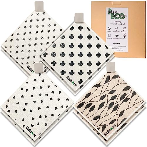 Eulnars Reusable Paper Towels, 8-Pack Swedish Dishcloths for Kitchen with 3 Clips, Black White, Cotton, 200 Washes - Image 1