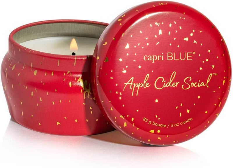 Capri Blue Glimmer Mini Tin - Apple Scented Candle with Mini Candle Holder - Soy Wax Blend - Capri Blue Apple Cider Social Red and Gold (3 oz) - Image 1