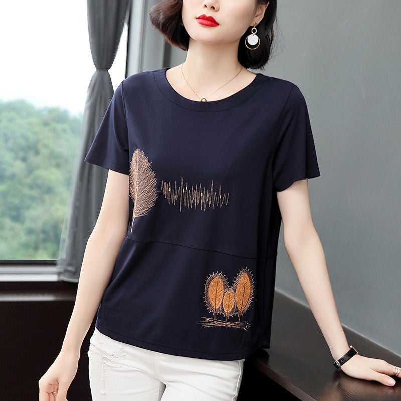 Women'S Cotton Embroidered Short-Sleeved T-Shirt For Middle-Aged Mothers Plus Size 2023 Trendy Korean Style Loose Top - Image 1