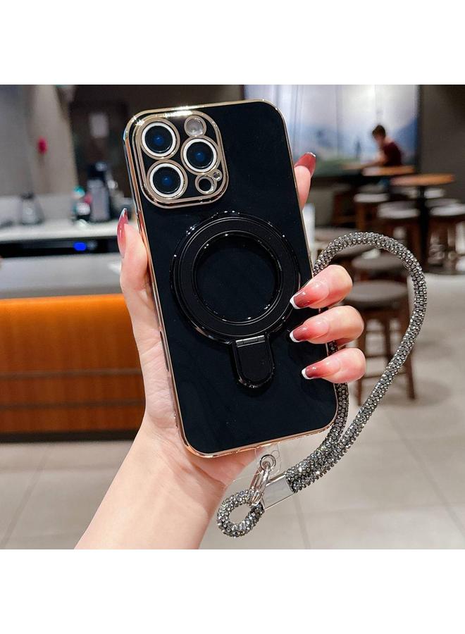 erorex Case For iPhone 16 Pro Max Solid Color Electroplated Metal Holder Phone Case with Lanyard - Image 1