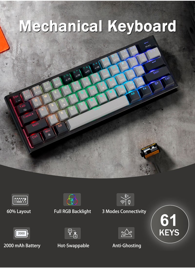 HUO JI - CQ006 60% Wireless Mechanical Gaming Keyboard with Bluetooth/2.4G/Wired Modes – Compact RGB Backlit Keyboard, 61 Keys, Hotswappable Linear Red Switches for PC, Laptop, Windows, Gamer Typist - Image 1