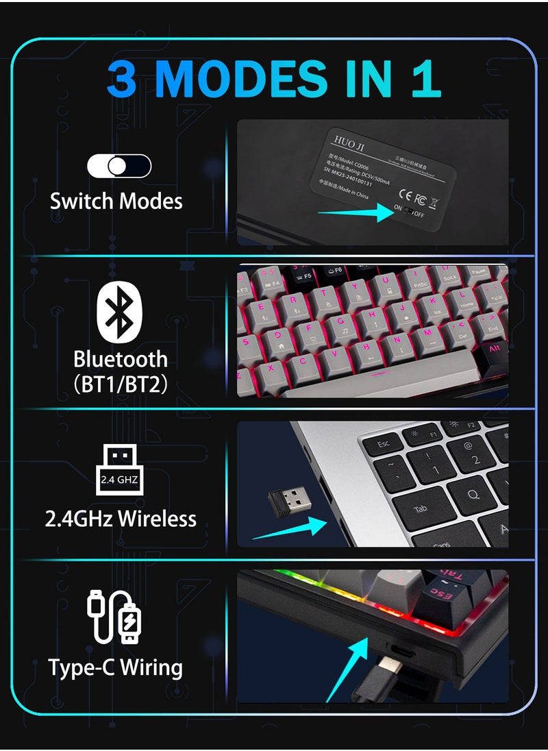 HUO JI - CQ006 60% Wireless Mechanical Gaming Keyboard with Bluetooth/2.4G/Wired Modes – Compact RGB Backlit Keyboard, 61 Keys, Hotswappable Linear Red Switches for PC, Laptop, Windows, Gamer Typist - Image 1