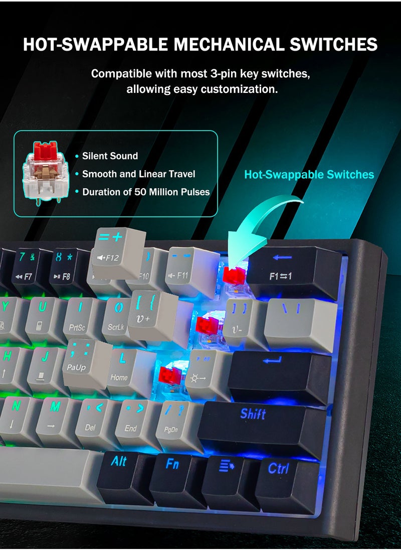 HUO JI - CQ006 60% Wireless Mechanical Gaming Keyboard with Bluetooth/2.4G/Wired Modes – Compact RGB Backlit Keyboard, 61 Keys, Hotswappable Linear Red Switches for PC, Laptop, Windows, Gamer Typist - Image 1
