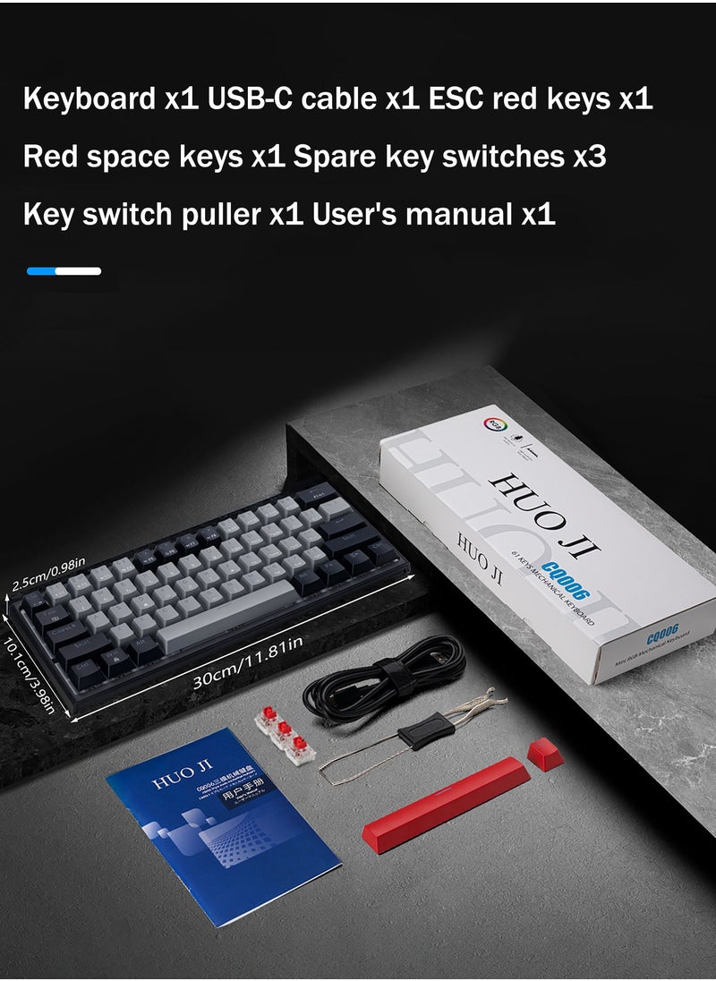 HUO JI - CQ006 60% Wireless Mechanical Gaming Keyboard with Bluetooth/2.4G/Wired Modes – Compact RGB Backlit Keyboard, 61 Keys, Hotswappable Linear Red Switches for PC, Laptop, Windows, Gamer Typist - Image 1