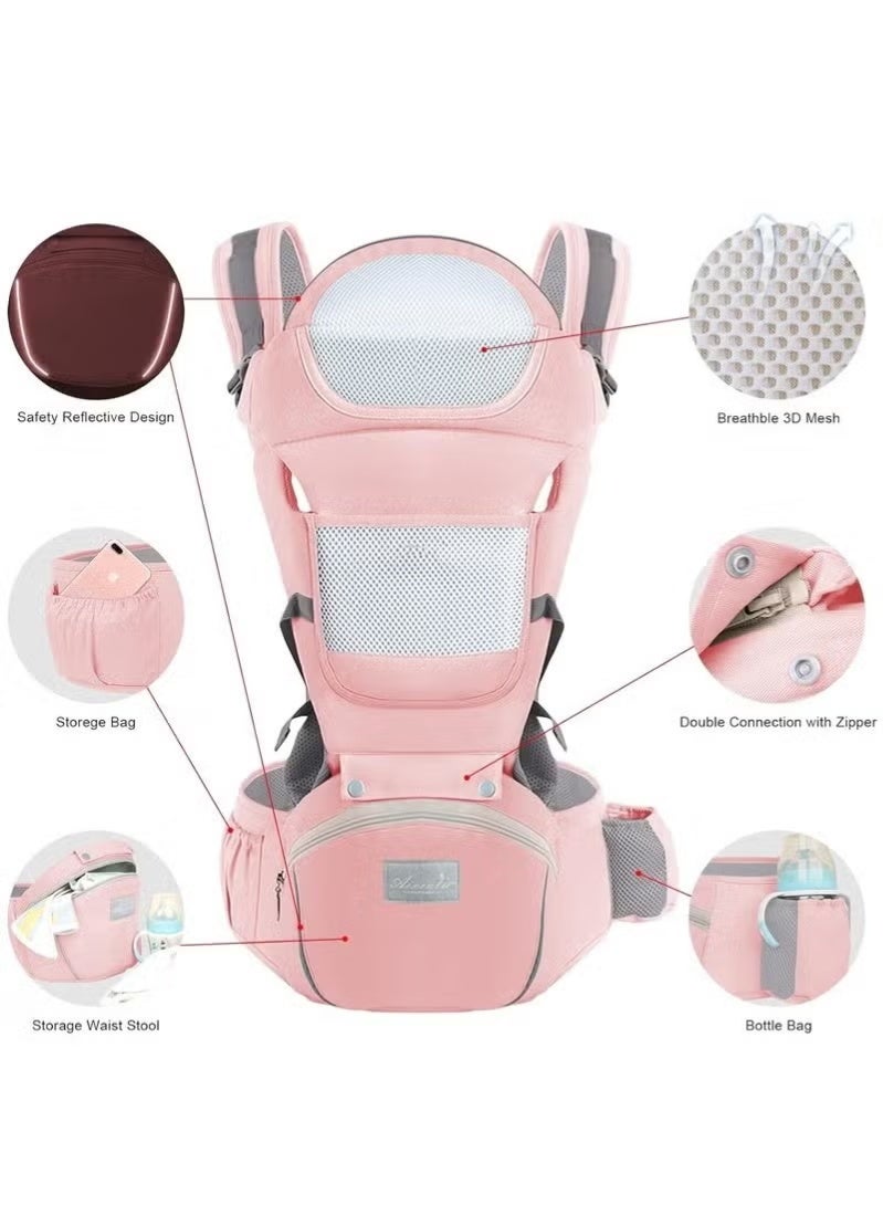الأورلار حامل طفل مع مقعد الورك، حامل مريح M الوضع 6in1 حامل طفل مولود إلى طفل، حامل رئيس، حامل شبكة قابلة للتنفس، حامل طفل قابل للتعديل للأب وأم الوردي - Image 5