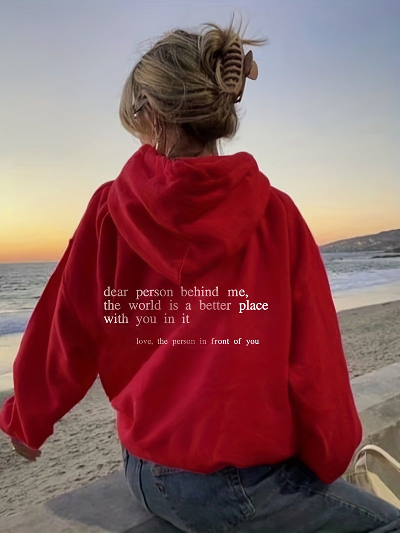 Foreign Trade Womens Velvet Sweatshirt Plain Slogan Printed Kangaroo Flap Pocket Pants Drawstring Printed Hoodie Red