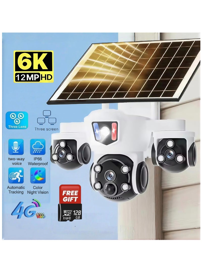 12MP 6K Solar 4G Secruity Camera True Triple Lens Triple View PTZ 360 Full Color Night Vision Outdoor PIR Human Detection，3 lenses show 3 views, motion detection + red - blue alerts, two - way talk—all - round! (With 128GB SD Card) - Image 1