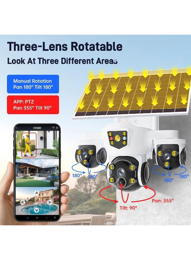 12MP 6K Solar 4G Secruity Camera True Triple Lens Triple View PTZ 360 Full Color Night Vision Outdoor PIR Human Detection，3 lenses show 3 views, motion detection + red - blue alerts, two - way talk—all - round! (With 128GB SD Card) - Image 3