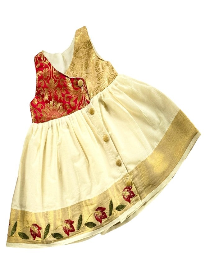 Picksparrow Baby Girl Kasavu Frock/ONAM Dress (Silk Yoke, Maroon Embroidery) (0-3 Months) - Image 1