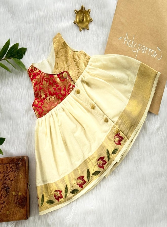 Picksparrow Baby Girl Kasavu Frock/ONAM Dress (Silk Yoke, Maroon Embroidery) (0-3 Months) - Image 2