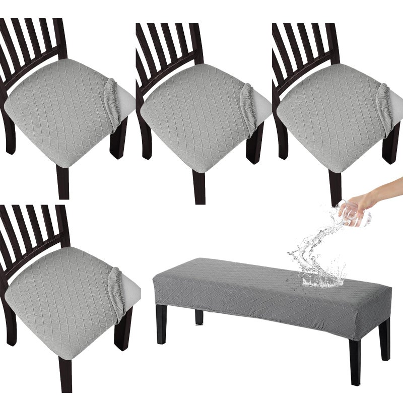 KRFOONN Waterproof Seat Covers for Dining Room Chairs Set of 4 with Dining Bench Cover Jacquard Washable Chair Covers Removable Kitchen Chair Cushion Slipcovers for Dining Room Light Grey