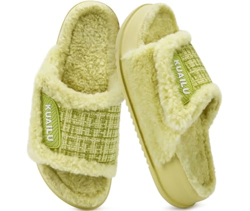 KuaiLu Cushion Slippers For Women with Orthopedic Arch Support Wide Adjustable Open Toe Platform Furry Fur Sandals Warm Teddy Fleece Recovery Slides Slip On House Shoes Indoor Outdoor Outfits Green11 - Image 1