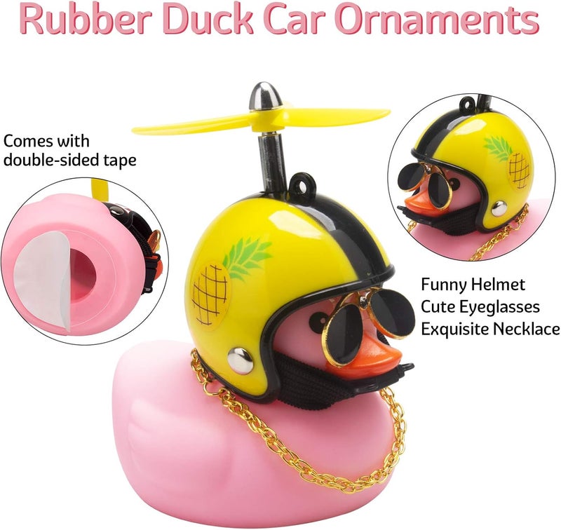 wonuu Pink Duck Car Dashboard Decorations Rubber Duck Car Ornaments Cool Duck with Propeller Helmet Sunglasses Gold Chain (Pineapple) - Image 5