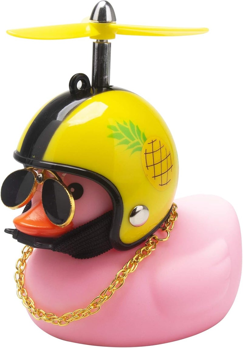 wonuu Pink Duck Car Dashboard Decorations Rubber Duck Car Ornaments Cool Duck with Propeller Helmet Sunglasses Gold Chain (Pineapple) - Image 1