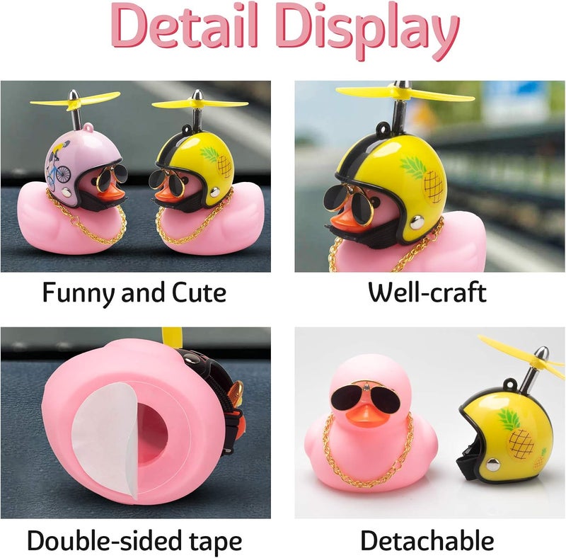 wonuu Pink Duck Car Dashboard Decorations Rubber Duck Car Ornaments Cool Duck with Propeller Helmet Sunglasses Gold Chain (Pineapple) - Image 2