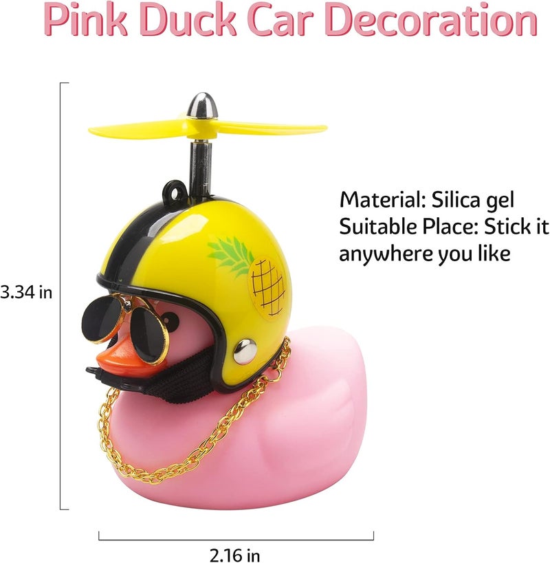 wonuu Pink Duck Car Dashboard Decorations Rubber Duck Car Ornaments Cool Duck with Propeller Helmet Sunglasses Gold Chain (Pineapple) - Image 4