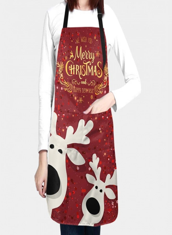 aportt Red Christmas apron for Women Winter Deer Smocks With 2 Pockets Waterproof Xmas Holiday Santa Aprons Barber Chef Cooking Grilling Kitchen Accessories Pinafore 28x33 In - Image 2