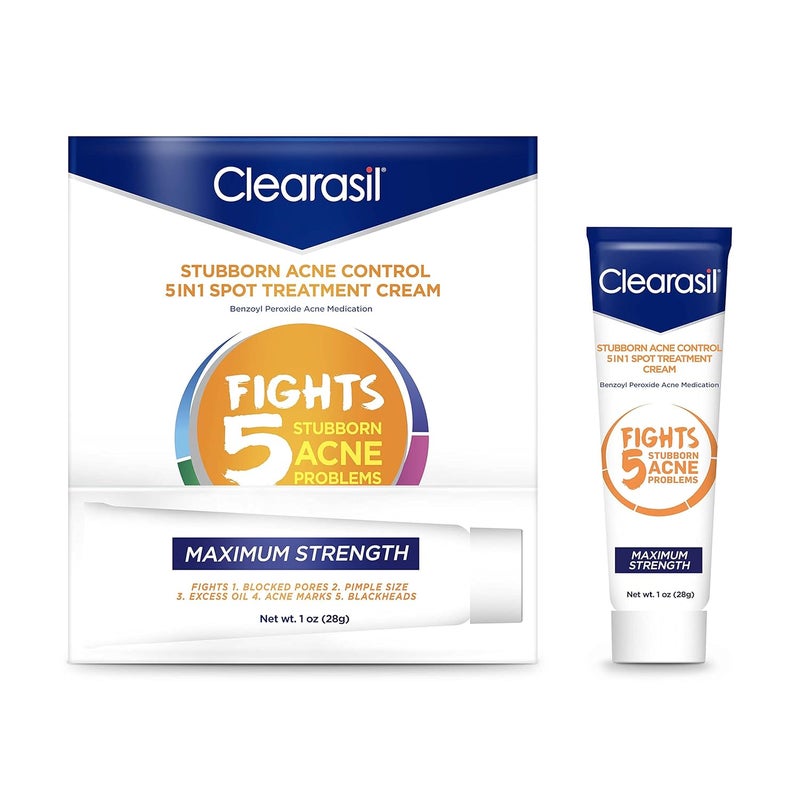 Clearasil Clearasil Stubborn Acne Control 5in1 Spot Treatment Cream, Maximum Strenght with 10% Benzoyl Peroxide, Acne Medication, 1 oz 