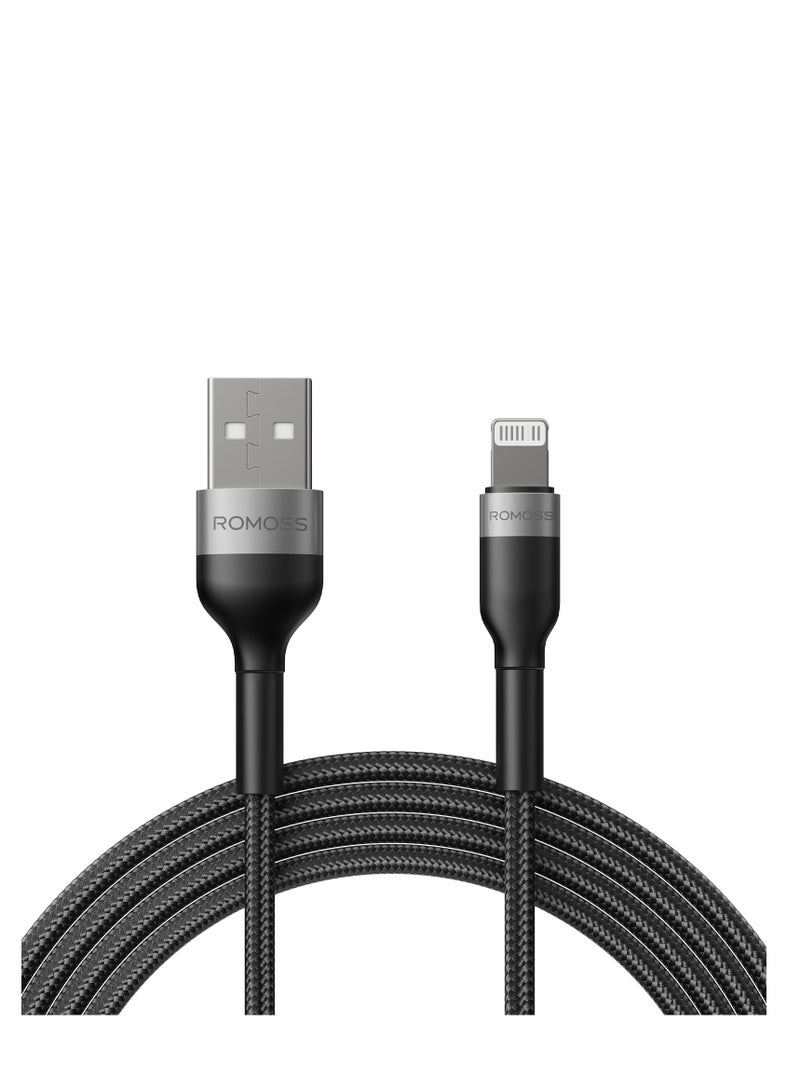 ROMOSS USB-A TO LIGHTNING 2.4A DATA CHARGING NYLON BRAIDED CABLE 2M - BLACK - Image 1
