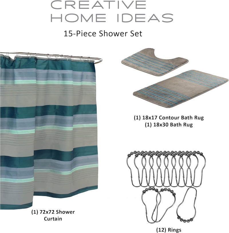 كرييتف هوم آيدياز مجموعة أفكار المنزل الإبداعية Bath Fusion Regent Stripe المكونة من 15 قطعة لستارة الحمام - Image 2