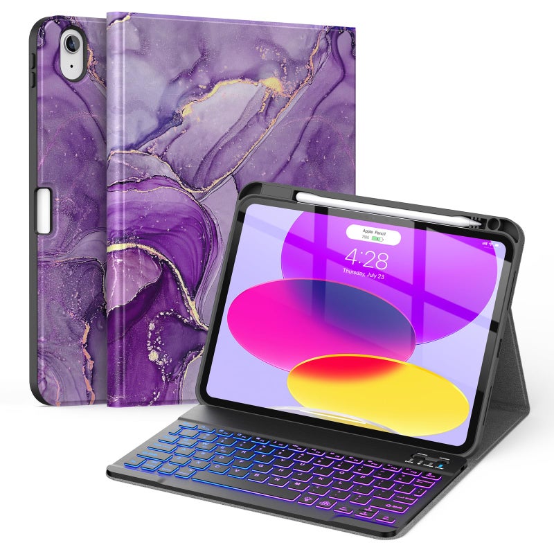 Soke for iPad A16 11th10th Generation Case with Keyboard202520227 Color Backlight Wireless Detachable Folio Keyboard Cover with Builtin Pencil Holder for iPad 11109 inch Purple Marble