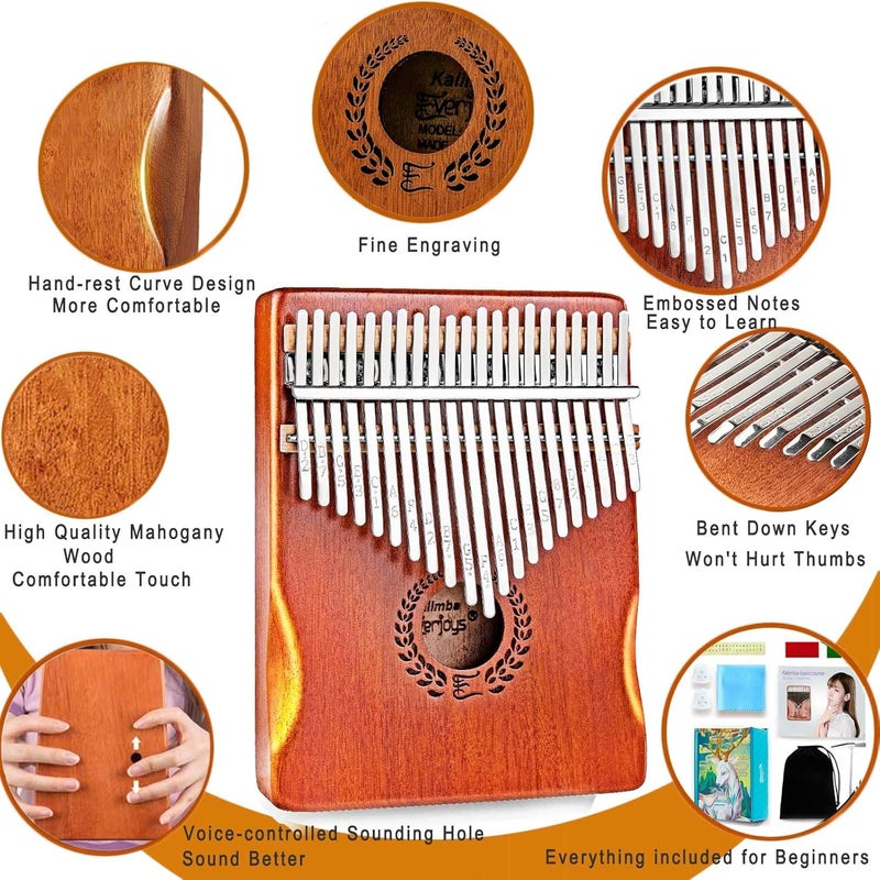 Everjoys Kalimba Thumb Piano 21 Keys, Professional Musical Instrument Finger Piano Marimbas with Portable Soft Cloth Bag, Fast to Learn Songbook, Tuning Hammer, All in One Kit (Natural Color) - Image 4